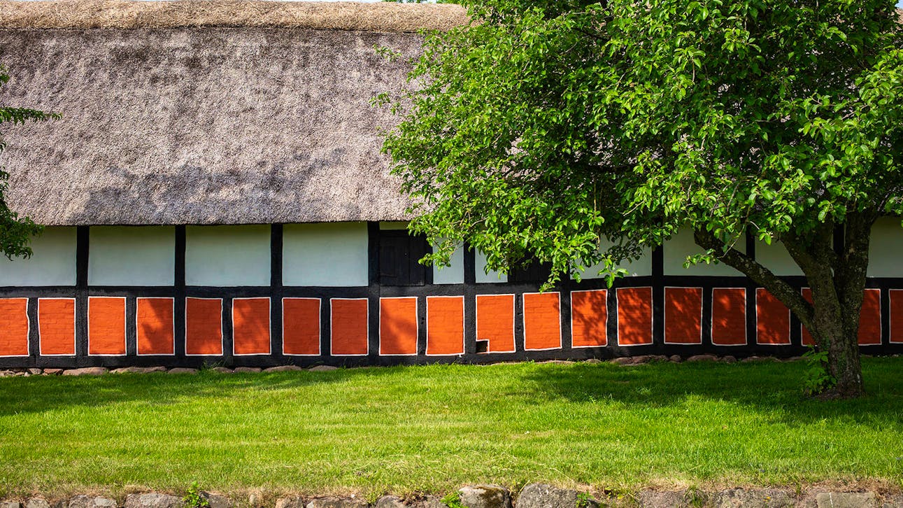 Bindingsværksgård med stråtag set fra siden med stort træ i højre side af billedet.