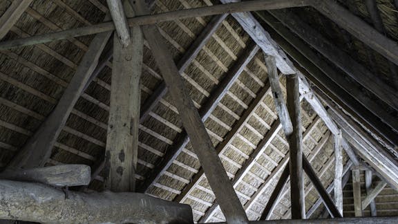 Trækonstruktionen set fra indersiden med suler og stråtag.