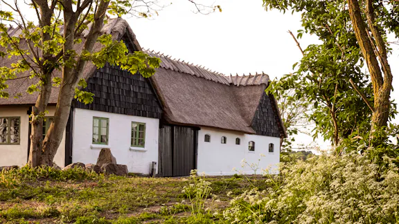 Porten til Højgaarden på Sejerø ses her mellem to hvidkalkede gavle med stråtag og grønne vinduer.