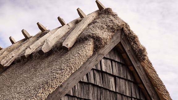Mønningen på Højgaarden viser det traditionelle stråtag afsluttet med træstave, som fastholder stråene og beskytter tagets top mod vind og vejr.