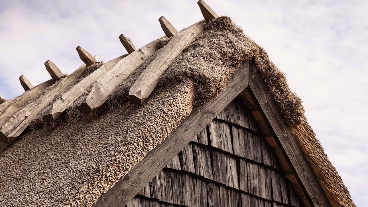 Mønningen på Højgaarden viser det traditionelle stråtag afsluttet med træstave, som fastholder stråene og beskytter tagets top mod vind og vejr.