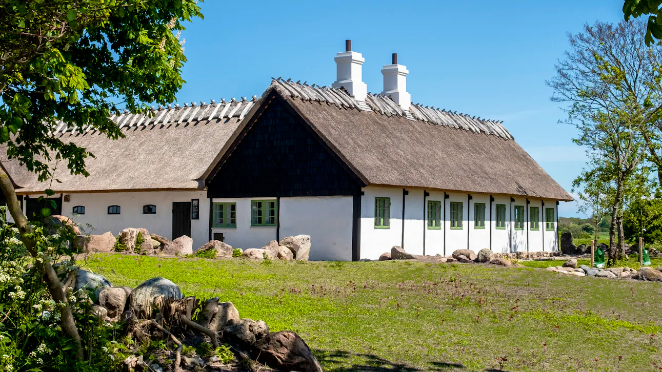 Facade af Højgaarden på Sejerø med hvidkalkede mure, stråtag og grønne vinduer i landlige omgivelser.