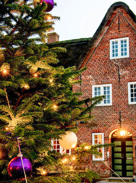 marskgården med juletræ i forgrunden