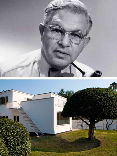 Arne Jacobsen ovenover et billede af hans eget hus i Charlottenlund
