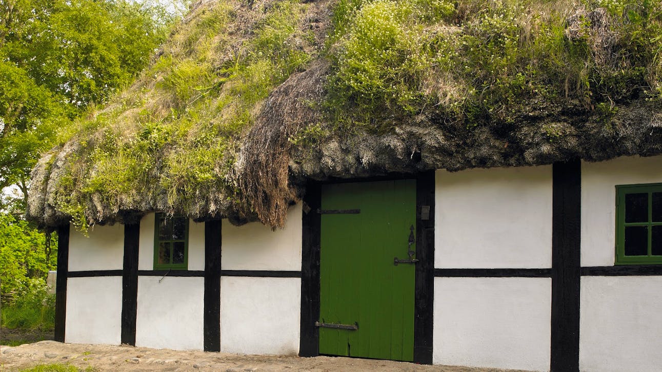 Facade på Kalines tanghus på Læsø med grønt bindingsværk, tangtag og grøn dør.