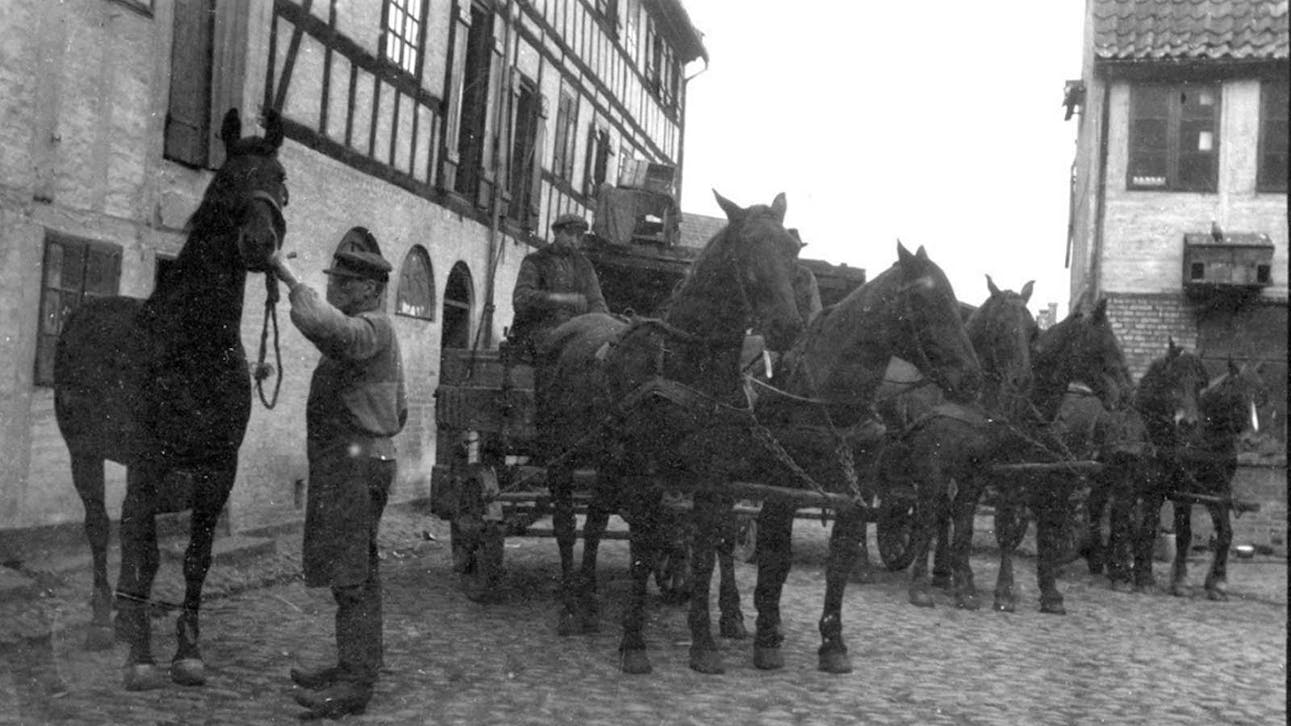 Oluf Bagers Gård omkring 1925 med heste i baggården. 